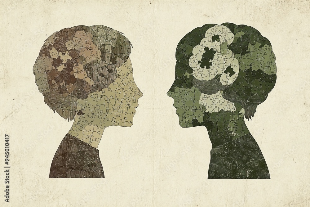Poster vintage style profile illustration of two faces with camouflage patterns symbolizing the hidden comp
