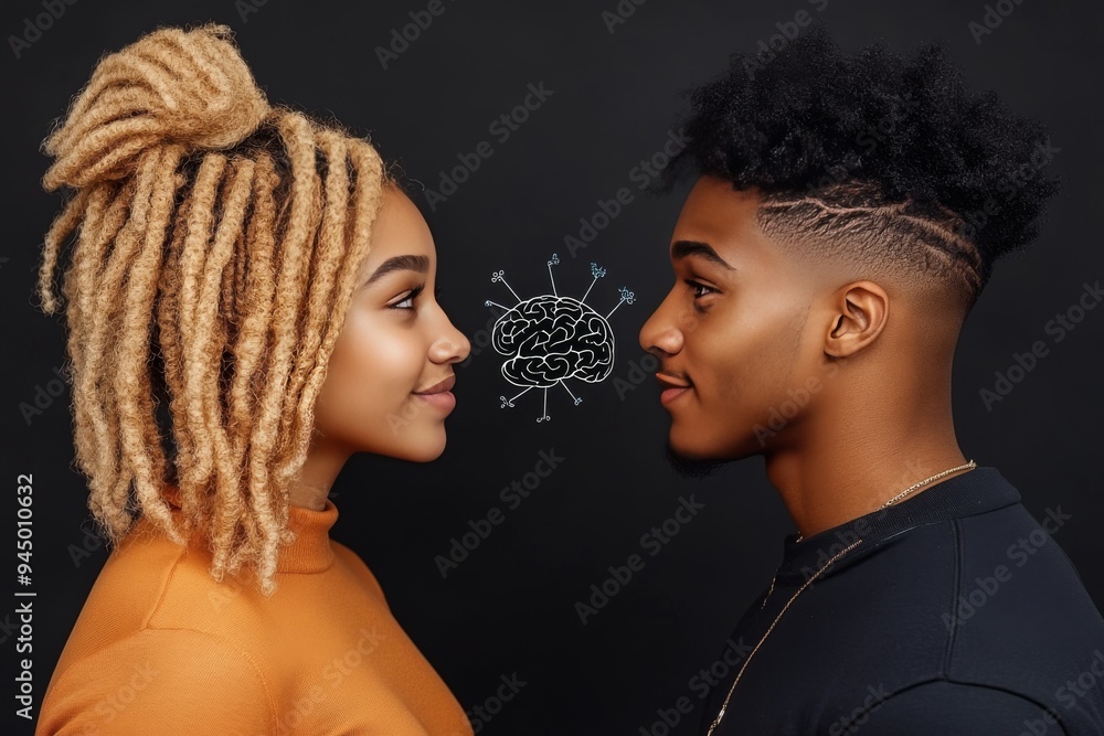 Poster a portrait of a couple with glowing neural connections symbolizing the strong intellectual bond and 