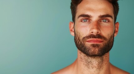 Obraz premium Close up portrait of a handsome bearded man holding a board with written skincare tips The image represents the concept of men s grooming wellness and cosmetic care
