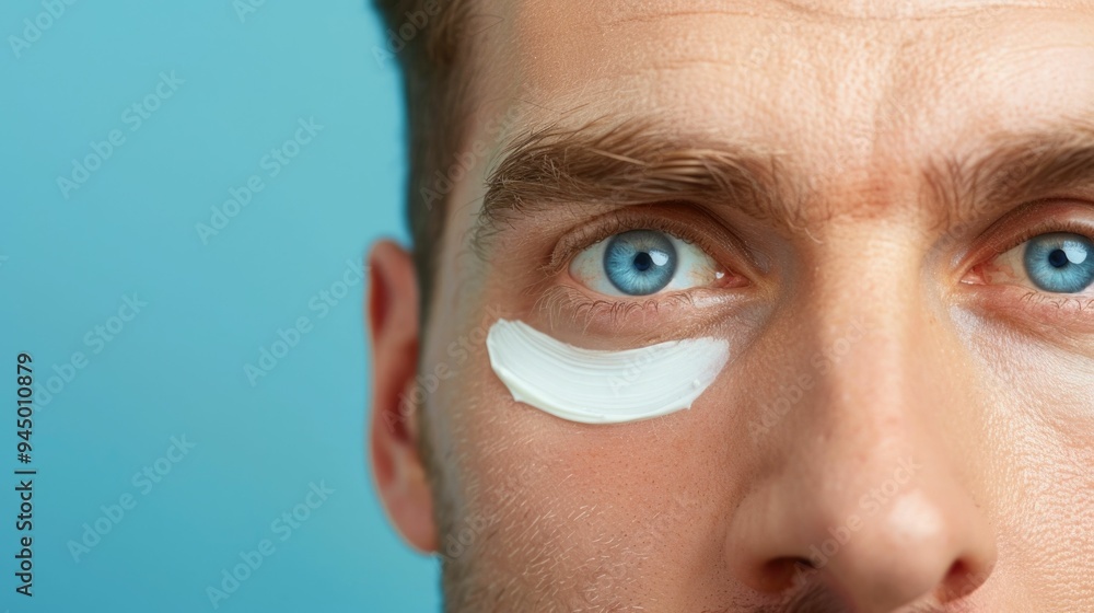 Poster closeup view of a man s eye cream application routine with a small amount of the product dabbed gent