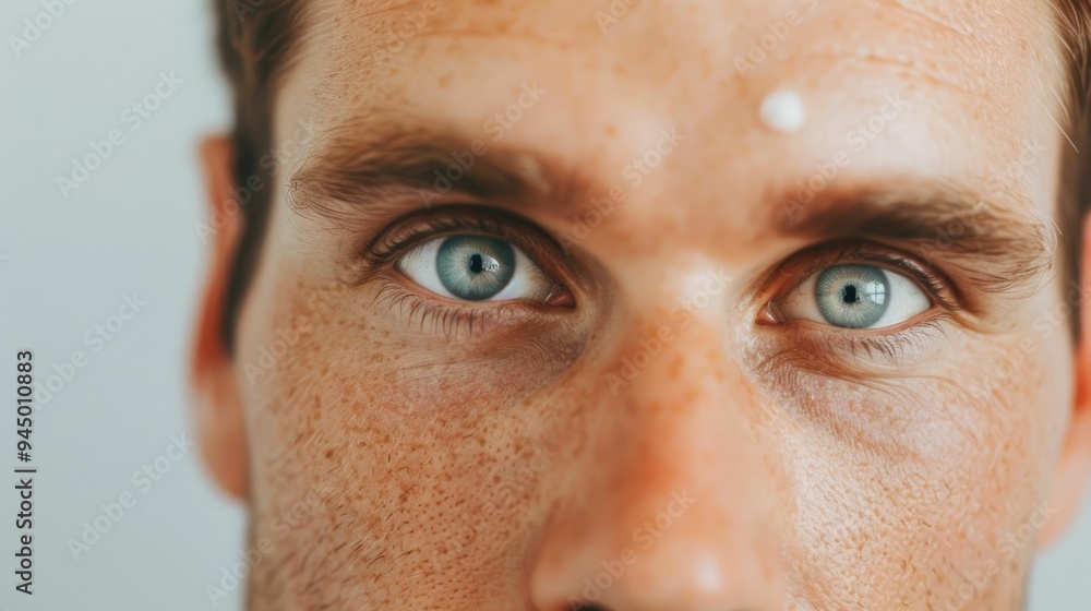Poster closeup image of a man s eye with a small amount of eye cream gently dabbed under the eye in a shall