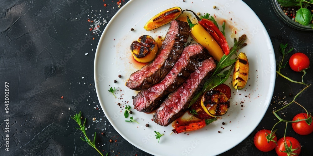 Wall mural Grilled meat accompanied by vegetables on a light-colored dish.