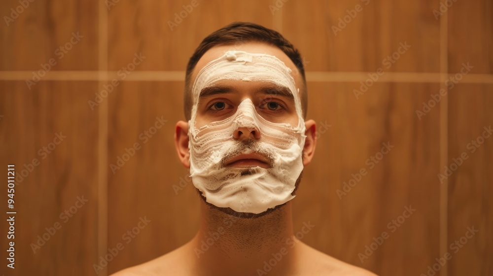 Poster close up of a man s face reflected in a mirror as he carefully shaves with a razor capturing the pre