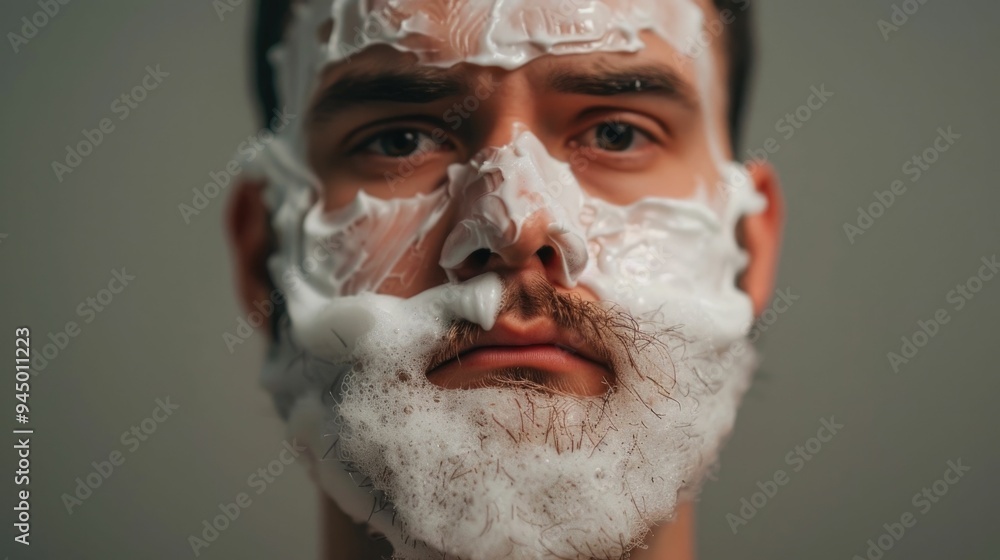 Poster close up portrait of a mature man carefully shaving his beard with a precision razor while gazing in
