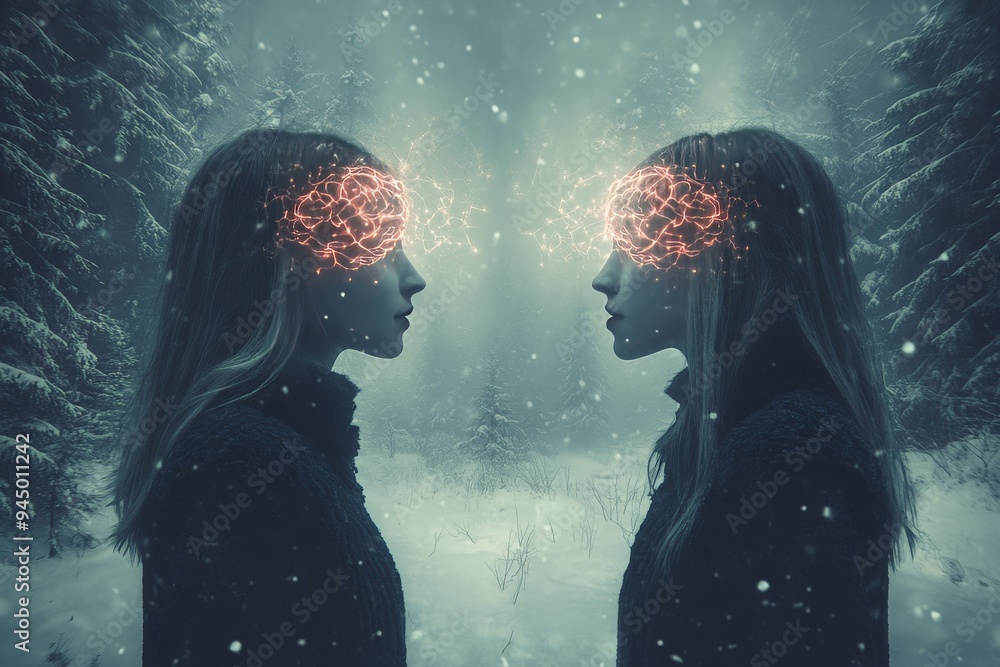Poster cosmic illustration of two profiles with glowing neural networks representing the vastness of though