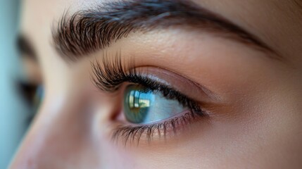 Obraz premium Enhancing Beauty on Lash Stylists' Day - Close-up of Client's Eye with Fresh Lash Extensions, Elegant and Refined Look