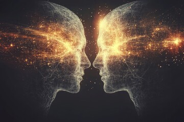 A serene scene of a couple with glowing neural connections representing the peaceful harmony of intellect and emotion in a loving relationship