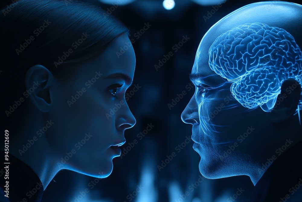 Poster a futuristic profile of a man and woman with glowing neural connections symbolizing the intersection