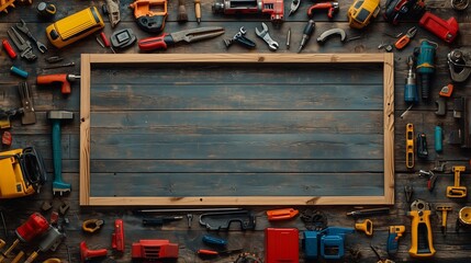 A variety of hand tools and equipment arranged around a wooden frame on a rustic table for a DIY project in a workshop