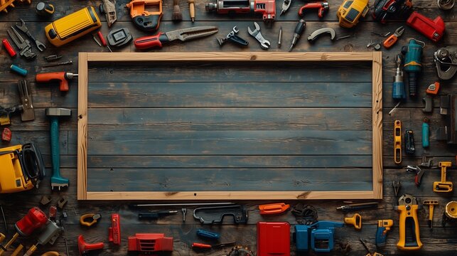 A variety of hand tools and equipment arranged around a wooden frame on a rustic table for a DIY project in a workshop