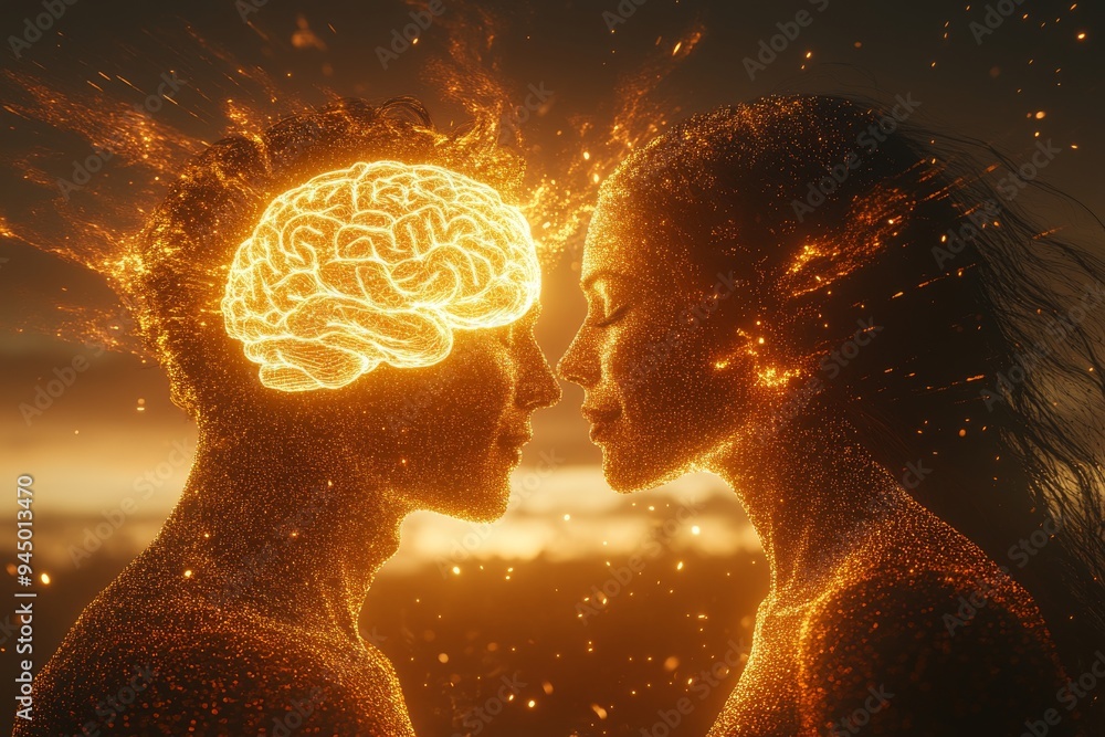 Aufkleber a surreal depiction of a couple with glowing neural networks representing the deep connection and mu