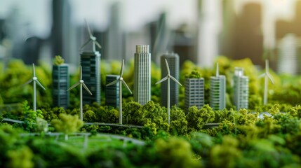 A miniature urban landscape featuring wind turbines and eco-friendly buildings.