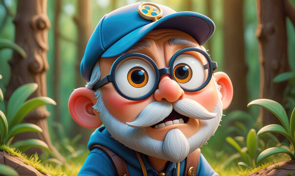 A cartoon man with a white beard and glasses looks surprised in a forest