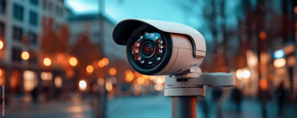 Poster close-up of a security camera monitoring a blurred urban environment during twilight, highlighting s