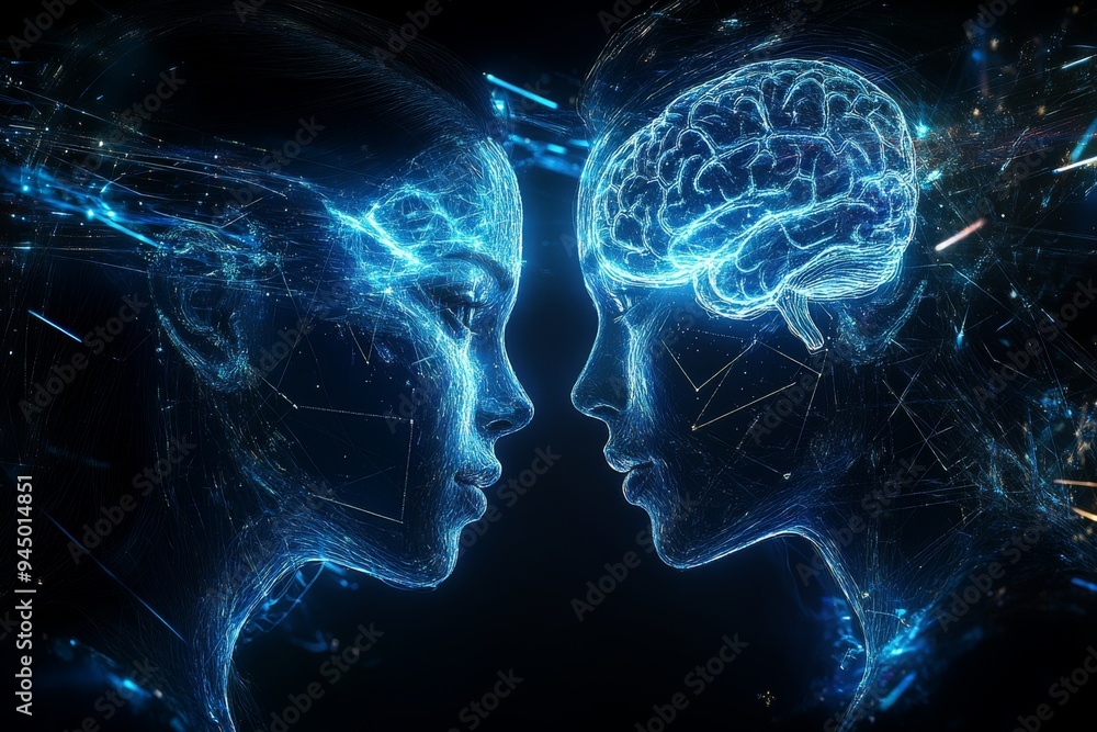 Poster futuristic portrait of a man and woman with glowing neural networks representing the merging of tech