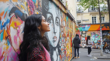 Indian girl admiring the artistic culture of Paris, visiting street art and galleries in the city's