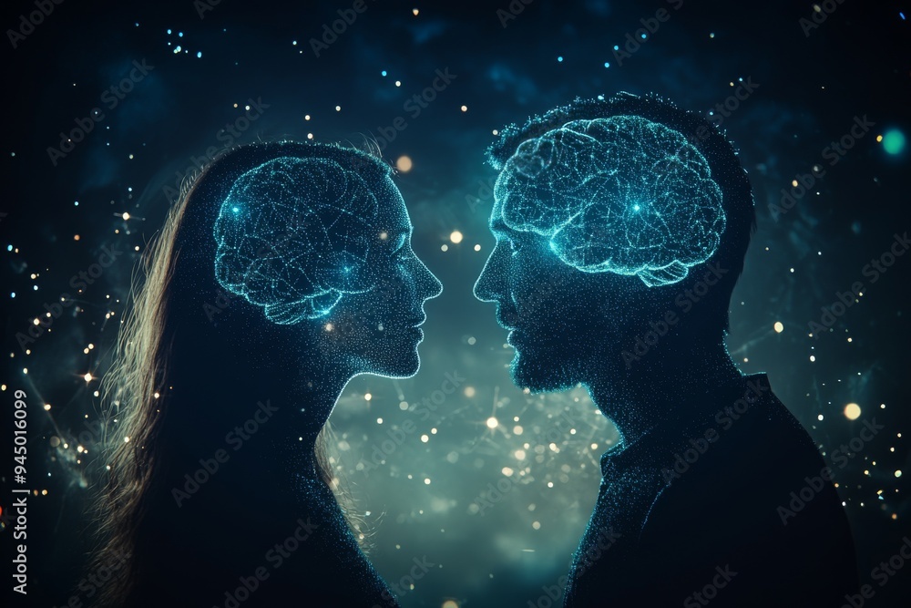 Aufkleber a futuristic double exposure of a couple with glowing neural networks representing the deep intellec