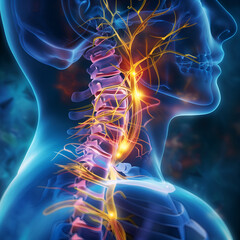 Pinched nerve in the cervical spine. pain radiating. Nerve pathway. Human anatomy.