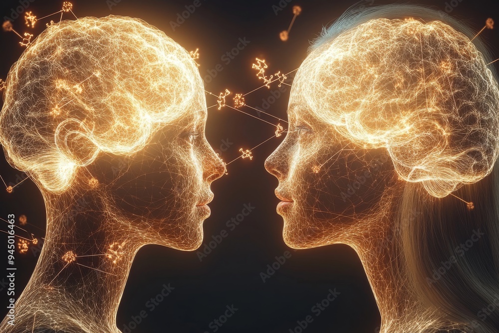 Poster a surreal depiction of two faces with glowing neural networks representing the deep intellectual and