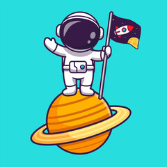 Cute Astronaut Holding Rocket Flag On Planet Cartoon Vector Icon Illustration. Science Technology Icon Concept Isolated Premium Vector. Flat Cartoon Style © catalyststuff