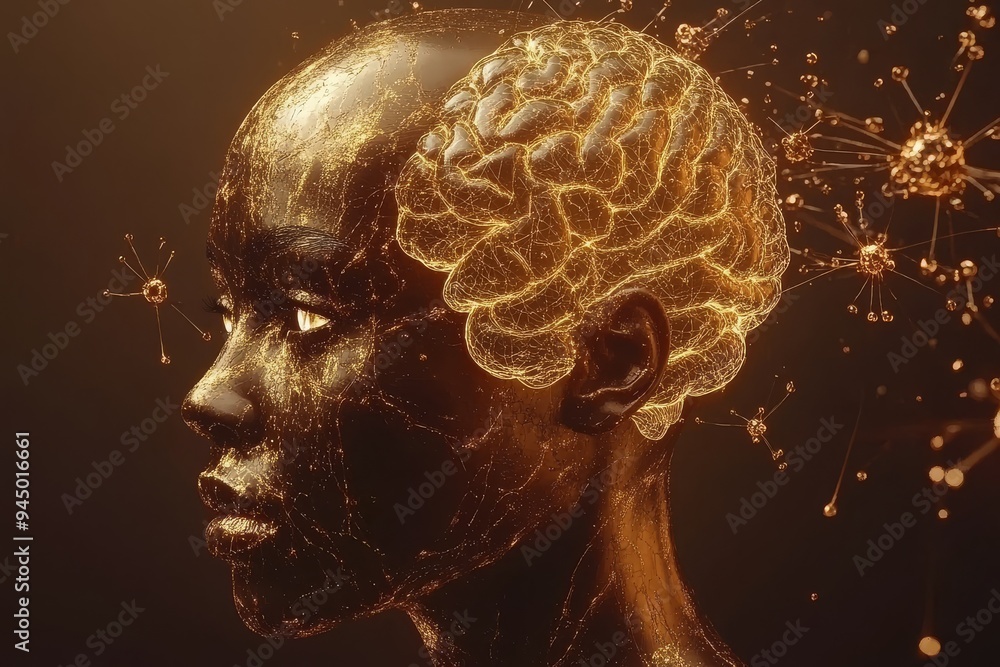 Poster a futuristic portrait of a woman with a glowing neural network symbolizing the complexity of thought
