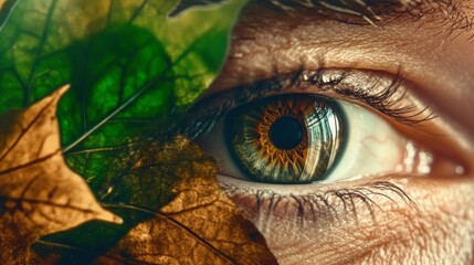Spellbinding closeup face portrait of the man eye surrounded by greenery leaf decorating it - Gen AI