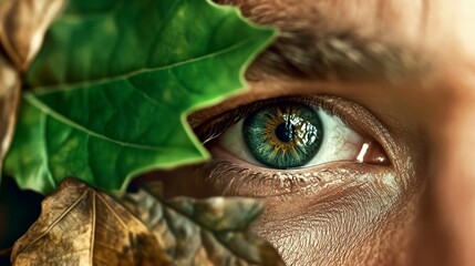 Spellbinding closeup face portrait of the man eye surrounded by greenery leaf decorating it - Gen AI