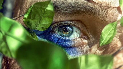 Spellbinding closeup face portrait of the man eye surrounded by greenery leaf decorating it - Gen AI