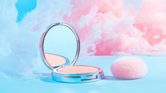 Compact powder makeup with puff and mirror on pastel blue background with cotton candy clouds