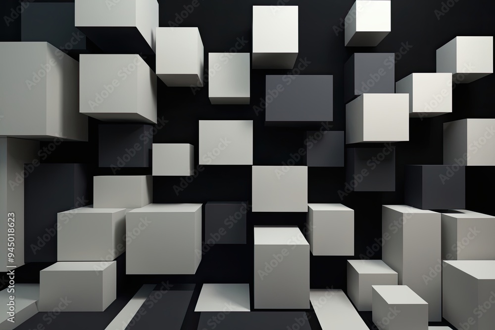 Aufkleber 3d render of abstract geometric blocks on black background