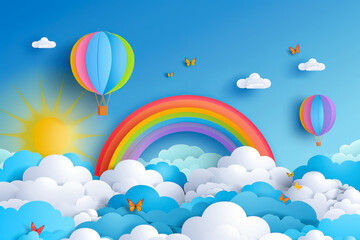 Beautiful fluffy clouds on blue sky background with summer sun