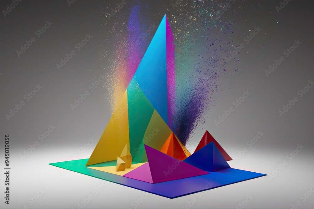 Poster 3d rendering of abstract geometric shapes with dispersion effect and spectrum colors