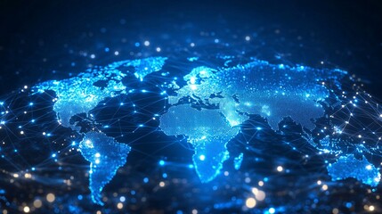 Fototapeta premium A glowing digital world map showcasing interconnected networks in blue hues.