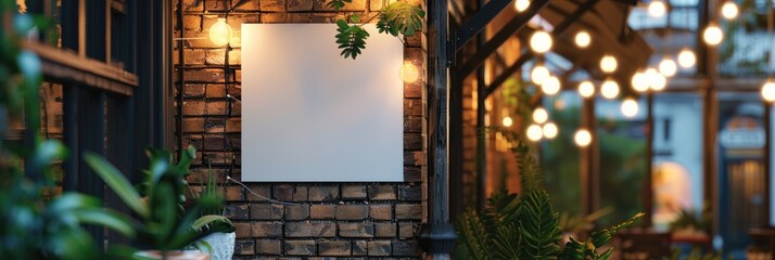 Square white sign on contemporary rustic coffee shop exterior featuring exposed brick, wooden details, warm lighting, inviting ambiance, greenery, fairy lights, and a gentle illumination.