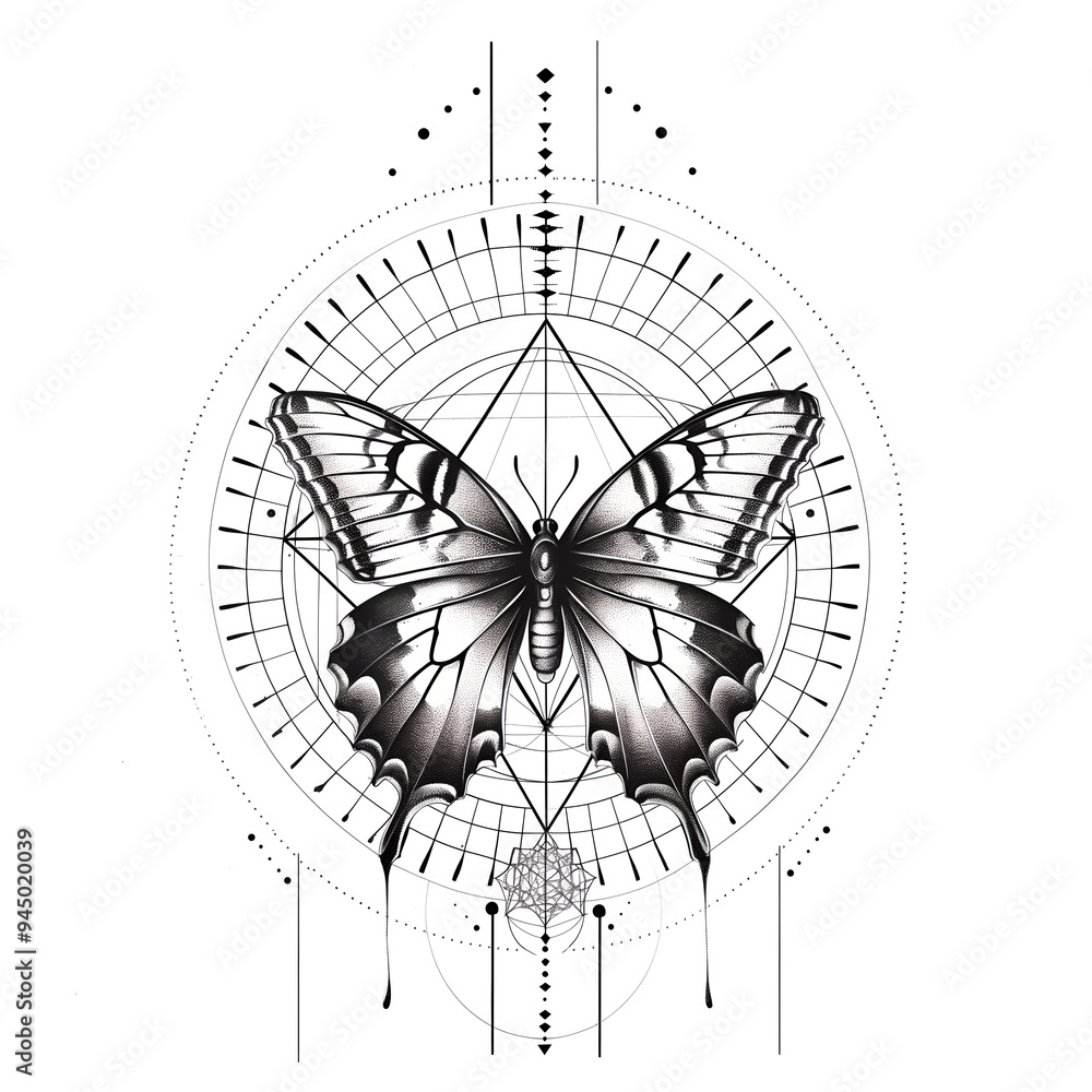 Wall mural bohemian butterfly tattoos in geometric style. butterfly illustration sketch, mystical symbol. mysti