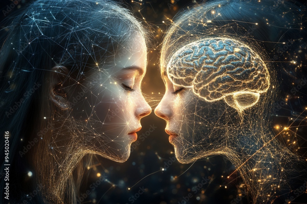 Poster a futuristic portrait of a woman and man with glowing brain patterns symbolizing the intellectual an