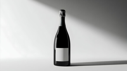 A bottle of champagne with a label mockup, rendered in a high-contrast black and white style