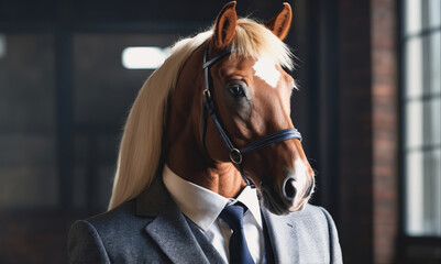 Fototapeta premium A horse wearing a suit and tie stands in front of a window in a dimly lit room