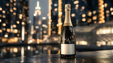 A bottle of champagne with a label mockup set against a backdrop of a modern cityscape at night