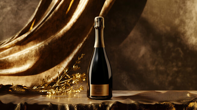 A bottle of champagne with a label mockup, placed on a velvet-covered table with golden accents