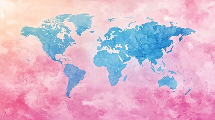 Obraz premium Colorful world map illustration in blue and pink watercolor style.