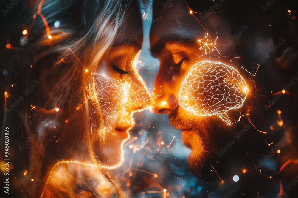 Aufkleber a surreal close up of a couple with glowing neural networks representing the deep emotional and inte