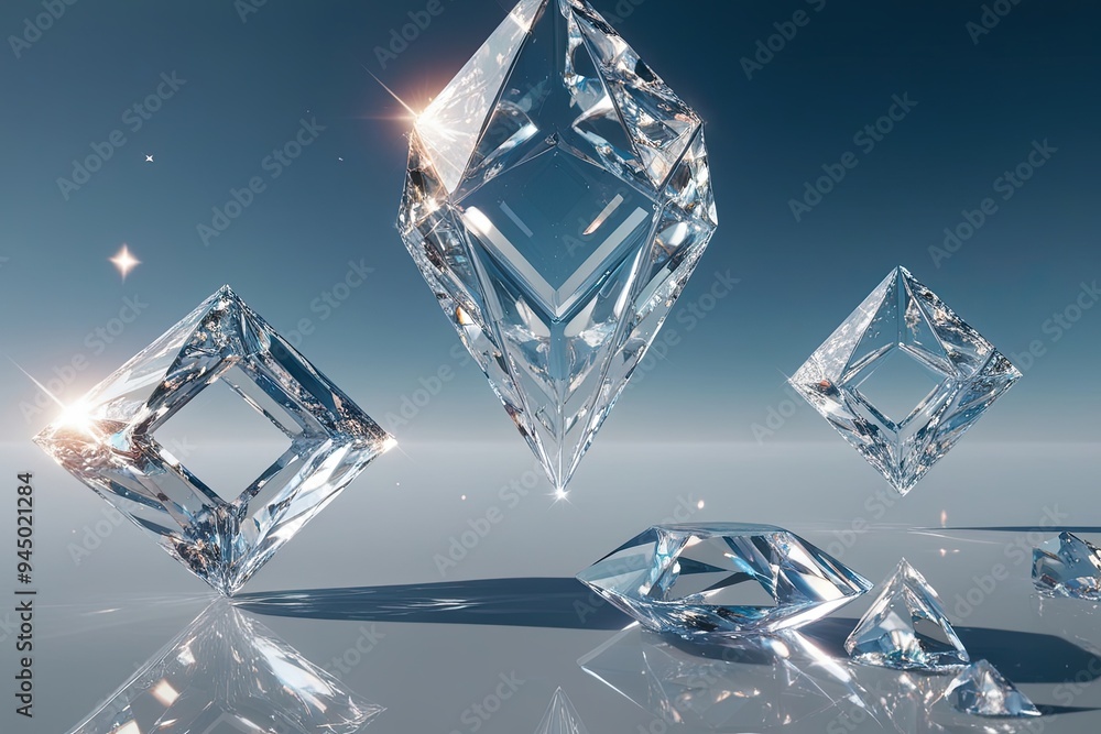 Poster futuristic 3d graphics: sparkling geometric figures and distorted crystal objects on clear canvas
