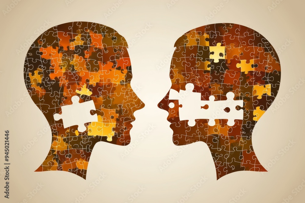 Poster a conceptual illustration of two faces with puzzle piece brain patterns representing the intellectua