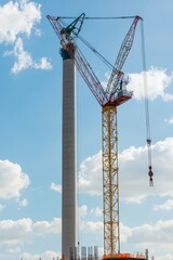 Naklejka premium A crane installs a wind turbine hub onto the tower. The site features various construction tools and equipment