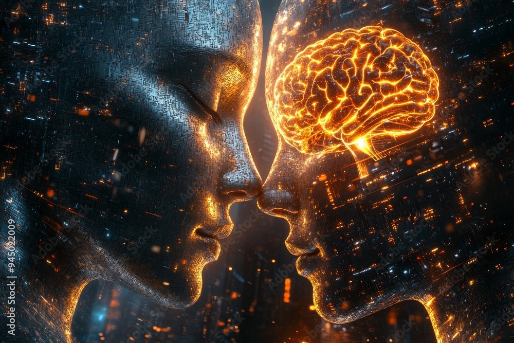 Aufkleber a conceptual close up of a couple with glowing neural networks representing the intellectual and emo