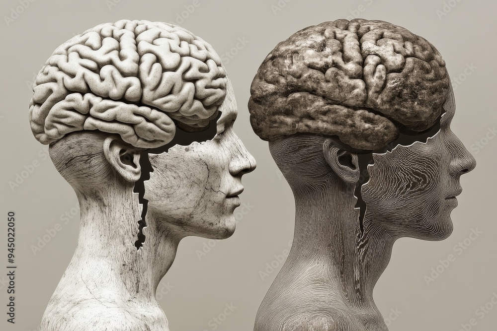 Poster a dramatic profile of two faces with mirrored brain patterns symbolizing the intellectual and emotio