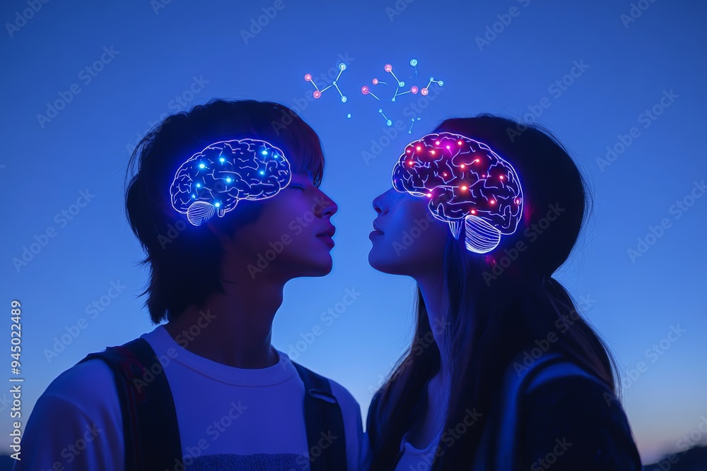 Aufkleber a conceptual close up of a couple with glowing brain patterns representing the deep intellectual and