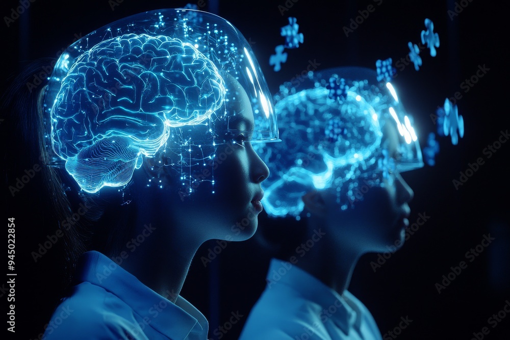 Poster a futuristic profile of two individuals with glowing neural networks representing the intersection o
