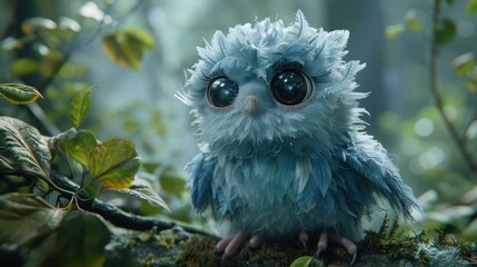 A small owl with big eyes sits on a branch. AI.